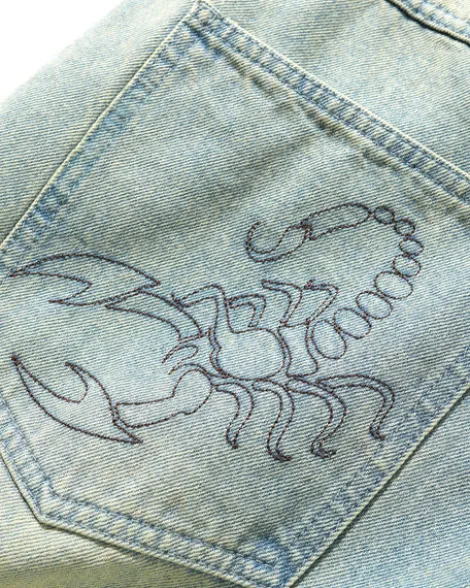 Scorpion Stitch Denim Shorts, Tinted Light Blue